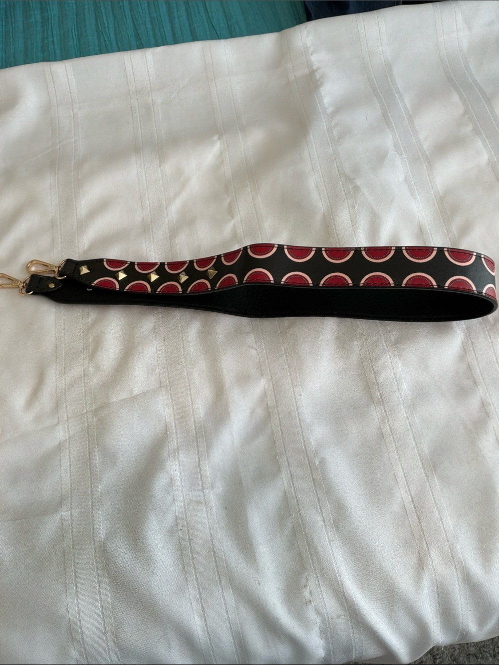 Faux Leather Shoulder Strap with Stud and Circle Print - Black & Red 36” long - Picture 2 of 4